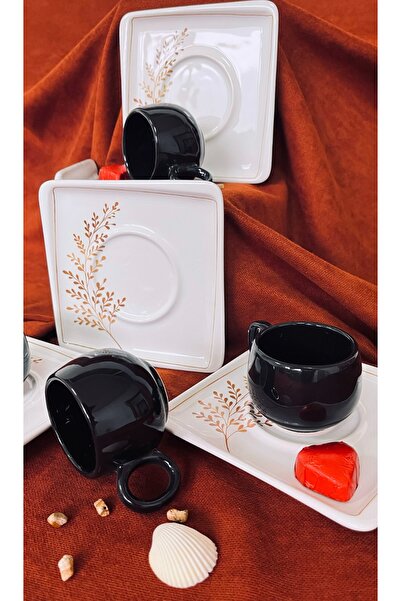 Erbaşlar Siyah İndia Kare Sunumlu 12 Parça 6 Kişilik Kahve Fincan Takımı, Seti