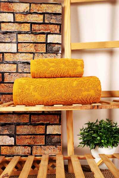 Mira Home طقم مناشف حمام من قماش الجاكار مكون من قطعتين، نمط نسيجي أصفر