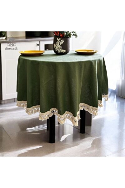 DNC HOMETEX Premium Linen Khaki Raw Pompom Tablecloth