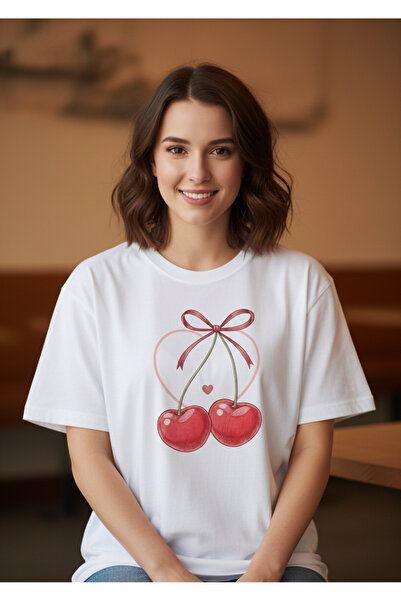 Madflow Kadın Beyaz Kiraz Logolu Pamuklu Oversize Tişört - Cherry Design %100...
