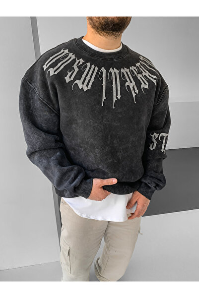 NO1 KONSEPT سترة رياضية مطرزة بمعالجة الغسيل الحمضي بلون الأنثراسايت الفاخر