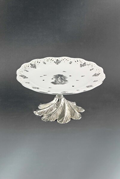 Bursa Porselen Dekor Royal Black Silver Metal Stand Serving Plate