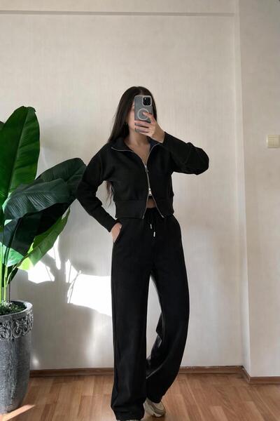 LADY SHOPPING Siyah Fitilli Fermuarlı Eşofman Takımı - Palazzo Paça & Şardonlu