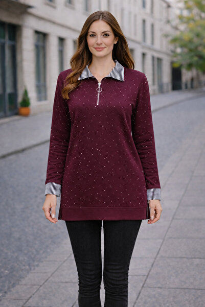 MİRA BUTİK Bordo Taş Detaylı Fermuarlı Polo Yaka Kadın Tesettür Tunik