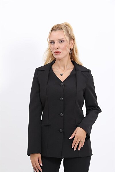 ÖNDER ÖZSOY V-Neck Buttoned Modern Women's Jacket-Black