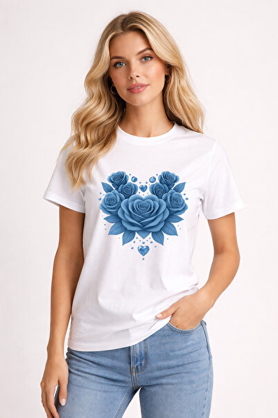 stil x Γυναικείο μπλουζάκι με στάμπα με έγχρωμα τριαντάφυλλα, κανονική εφαρμογή