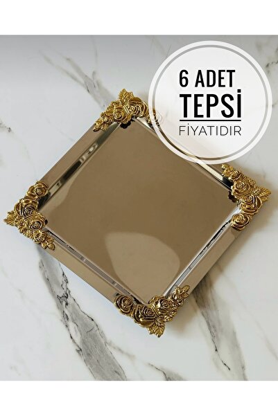 Melinda 6 Adet Paslanmaz Çelik Kare Gold Gül Aksesuar Detaylı Ikram Servis Sunum Tepsisi 21x21 Cm