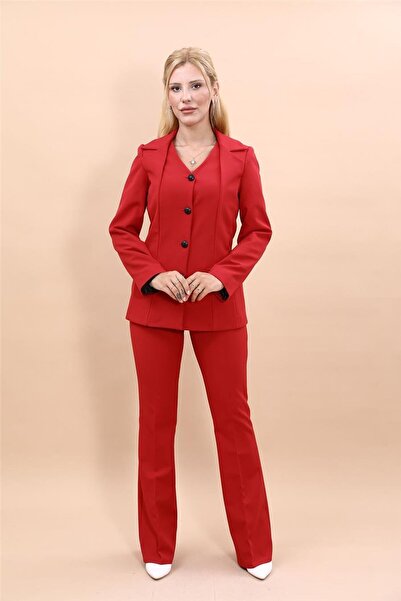 ÖNDER ÖZSOY V-Neck Buttoned Modern Jacket & Flared Pants Women's Suit -Red