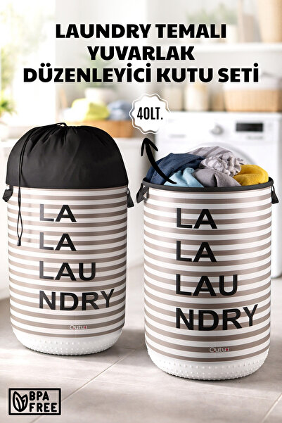 Nandy Home 2'li Set Laundry Temalı Yuvarlak Düzenleyici Sepet - 40L - Büzgülü...