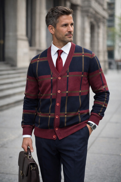 Desen Triko V-Neck Plaid Pattern Pure Wool Buttoned Men's Cardigan