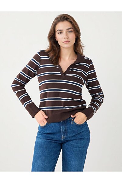 Jimmy Key Kahverengi %100 Pamuk Gömlek Yaka Çizgi Desenli Örme Tişört