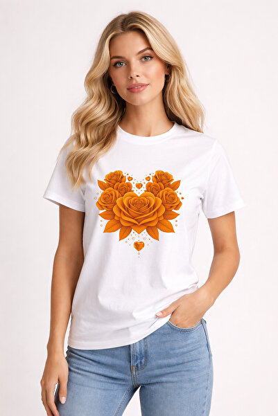 stil x Γυναικείο μπλουζάκι με στάμπα με έγχρωμα τριαντάφυλλα, κανονική εφαρμογή