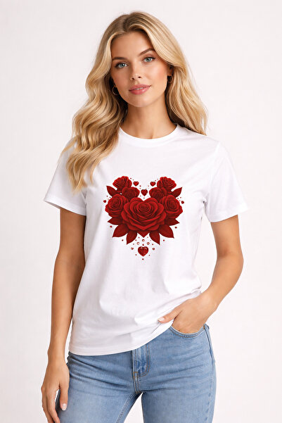 stil x Γυναικείο μπλουζάκι με στάμπα με έγχρωμα τριαντάφυλλα, κανονική εφαρμογή
