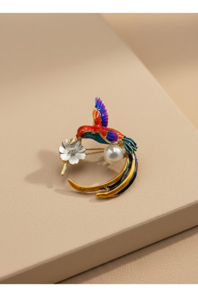 GKCBijoux Gold Renk Çok Renkli Mineli ve İncili Arı Kuşu Broş Yaka İğnesi