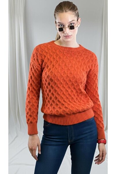 Miss Poem Pulover tricotat portocaliu de iarnă pentru femei guler rotund