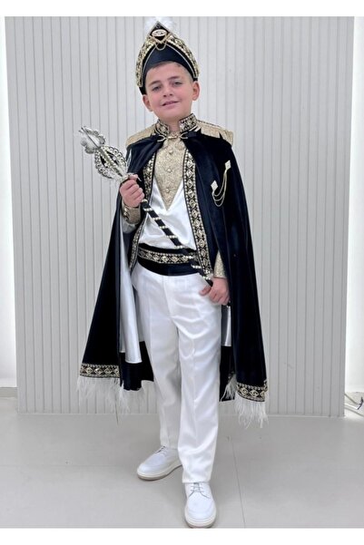 Rüyam Çocuk Giyim Siyah Apoletleri Nakışlı Sarkaç Taşlı Kadife Pelerin Sünnet Kıyafeti