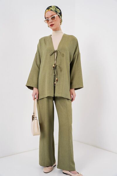 Hiccup Bdart Linen Blend Tie-Up Cardigan and Ribbed Detail Wide-Leg Pants Set