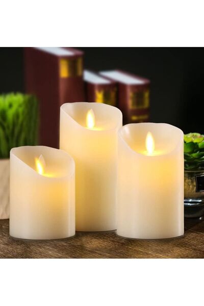 luma شموع من الشمع الحقيقي بدون لهب، ثلاث قطع، مع جهاز تحكم عن بعد، لون كريمي