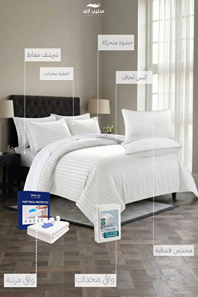 SLEEPLAND Hotel-style white double bed sheet set (200x200 cm) with mattress protector, pillow protector set, and two hotel-style pillows.