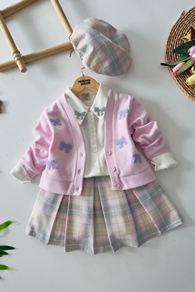 Minigimin Cicileri Girl's 4-Piece Set with Collar Stone Bow Detail Plaid Skir...
