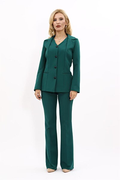 ÖNDER ÖZSOY V-Neck Buttoned Modern Jacket & Flared Pants Women's Suit - Emerald