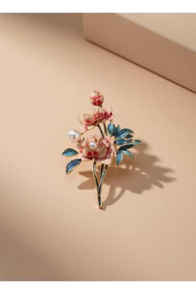 GKCBijoux Pastel Renkli Pembe Gül Buketi Vintage Broş - Yaka İğnesi