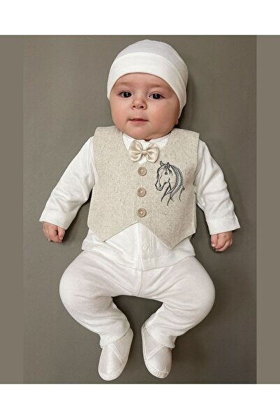 Harry&Millie طقم مولود جديد للأولاد مع ربطة عنق وتطريز بلون كريمي، هدية للأطف...