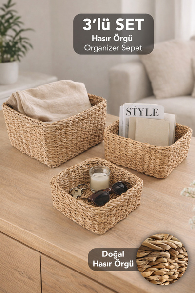 Meleni Home 3'lü Kare Hasır Sepet Seti - Dekoratif Çok Amaçlı Mutfak Banyo Düzenleyici Organizer Kutu