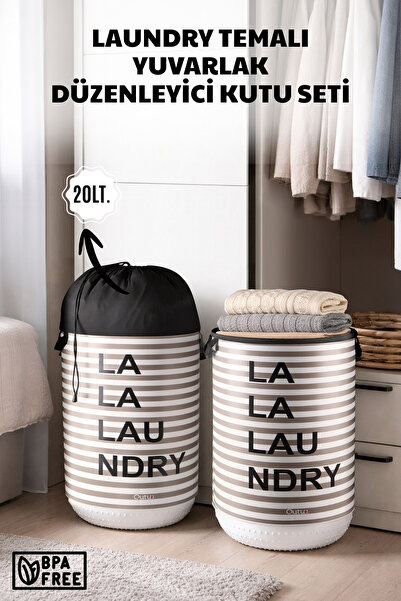 Nandy Home 2'li Set Laundry Temalı Yuvarlak Düzenleyici Sepet - 20L - Büzgülü...