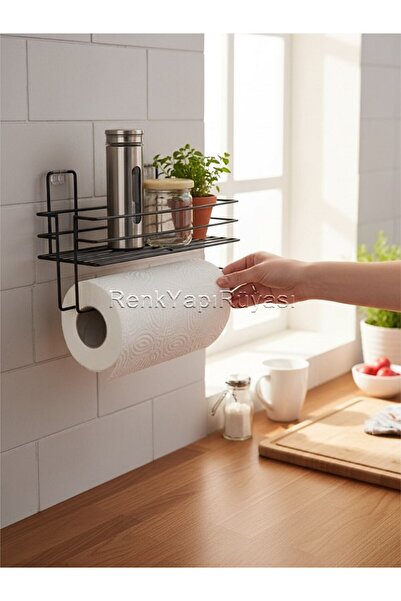 RENK YAPI RÜYASI Adhesive Black Metal Shelf Paper Towel Holder Roll Paper Towel Holder with Basket for Kitchen Bathroom