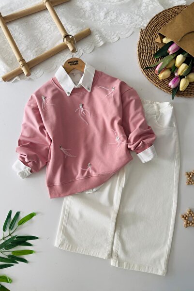Minigimin Cicileri My Little One's 3-Piece Set with Stone and Feather Patterned Girls' Shirt - Pink