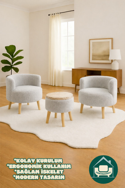 DEKOR MOBİLYACIM Helkard Comfort Çay Seti Ve Peluş Ikili Berjer & Üstü Tablal...