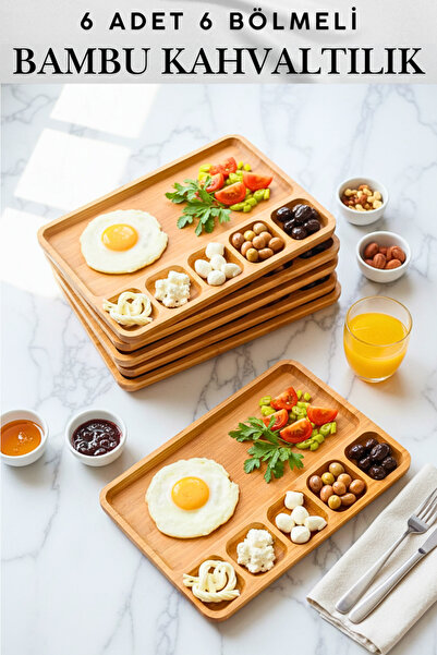 Penthouse 6 Adet 6 Bölmeli %100 Natural Doğal Bambu Kahvaltılık / Servis Seti