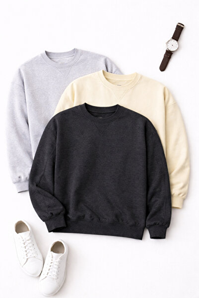 Polo State Men's Long Sleeve Basic Oversized 3-Piece Sweatshirt Anthracite Cr...