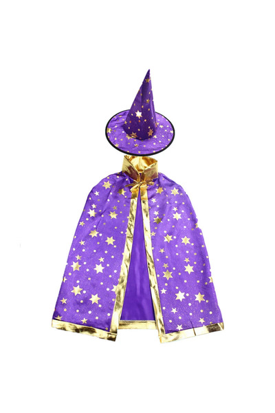 OEM Kids Wizard Costume with Cape & Hat, Ages 3-12, Purple with stars