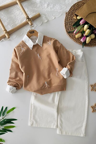 Minigimin Cicileri My Little One's 3-Piece Set with Stone and Feather Patterned Girls' Shirt - Light Brown