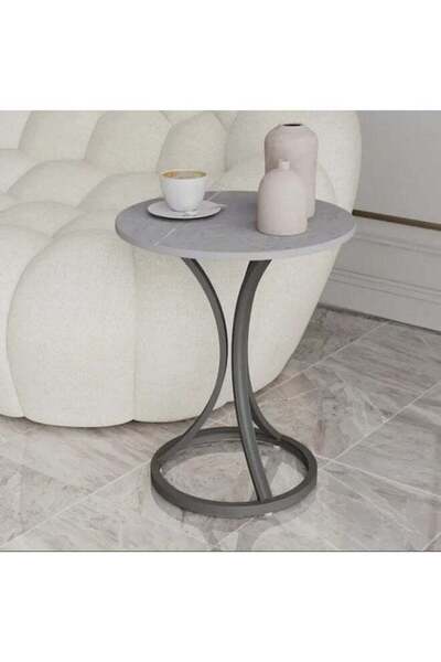 Generic Side Table Iron and Marble Wood Grey - 40×40×60cm