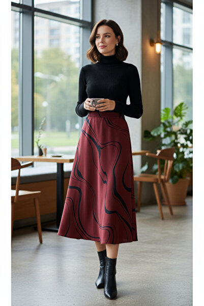 RANDOM Kadın Soyut Desenli Midi Etek