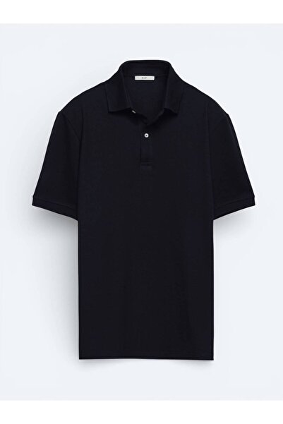 Kip Navy Blue Plain Polo Neck Cotton Blend T-Shirt