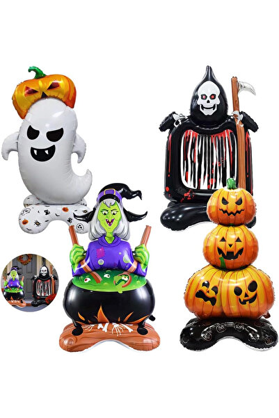 MEZHEN Set of 4 Halloween Foil Balloons - Pumpkin, Ghost, Skeleton, Witch, Helium Ready