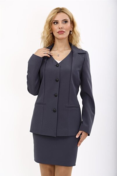 ÖNDER ÖZSOY V-Neck Buttoned Modern Women's Jacket-Smoked