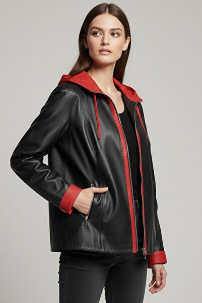 Deriderim Black Marc Zippered Wide Cut Women's Genuine Leather Coat