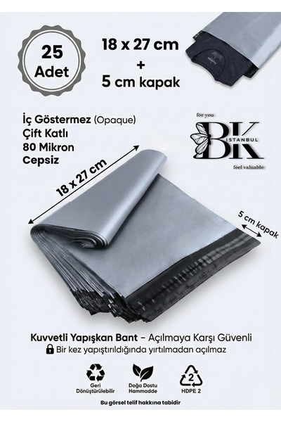 bkistanbul Kargo Poşeti Cepsiz 18x27 +5 cm Kargo Poşeti 80 Mikron İç Gösterme...