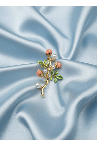 GKCBijoux Gold Renk İncili ve Pembe Gül Tomurcuklu Bahar Dalı Broş Yaka İğnesi