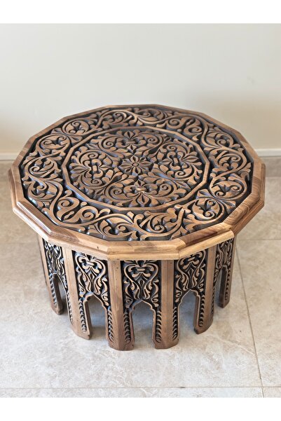 Arıkmert El Sanatları Maraş El Oyma Ceviz Ahşap Orta Sehpa – 73x73x47 cm Klas...