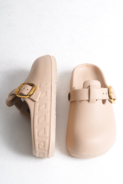 DELSOLERA Women's Beige Closed-Front Stainless Buckle Non-Slip Sabo Home and Outdoor Orthopedic Slippers