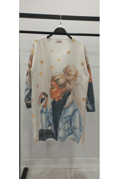 Hatun Atila Hatunatila Digital Printed Crew Neck Long Loose Sweater - 1339