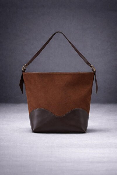 Timburly Καφέ Suede Body Pu Δερμάτινη Γυναικεία Τσάντα Ώμου με Λεπτομερή Ρυθμ...