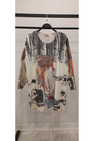 Hatun Atila Hatunatila Digital Printed Crew Neck Long Loose Sweater - 1339
