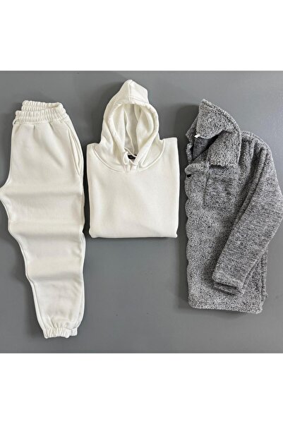 WENMİNG Men's Plush Jacket + 3 Thread Fleece-Lined K Hooded Tracksuit Set 3-Piece Combination